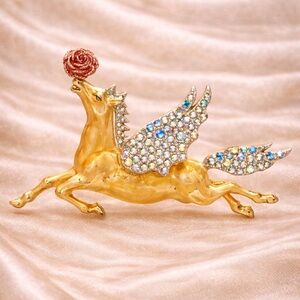 Golden Angel Horse Pegasus Brown Brooch with Rose Accent